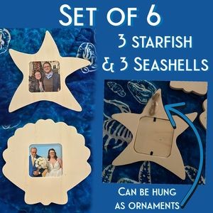 6 Beach Themed Photo Frames/ Ornaments— 3 Starfish & 3 Seashells